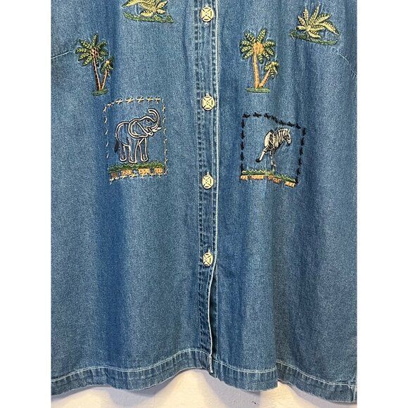 Vintage Cabin Creek Jean Shirt Size 1X Safari Animal Embroidery & Button-Front - Picture 4 of 16